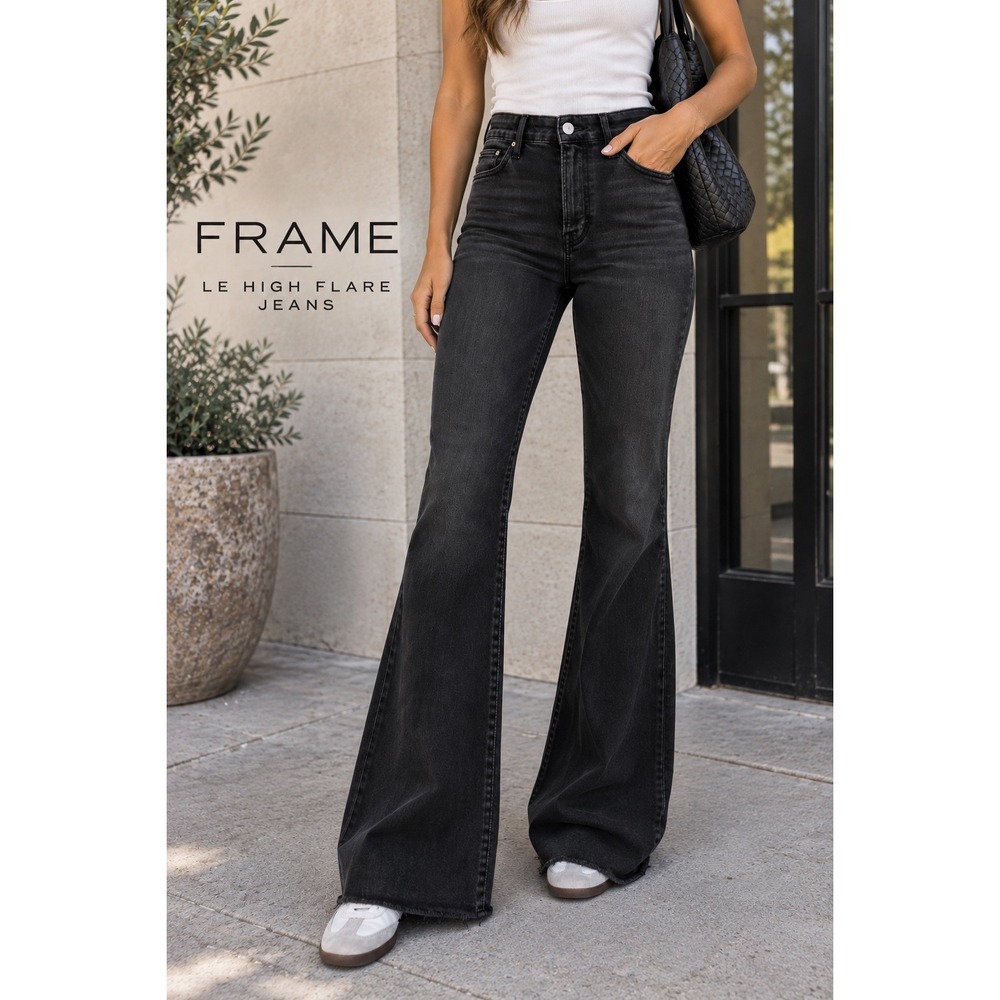 FRAME Le High Flare Jeans Black High Rise Raw Hem Size 28 Long 36" Inseam
